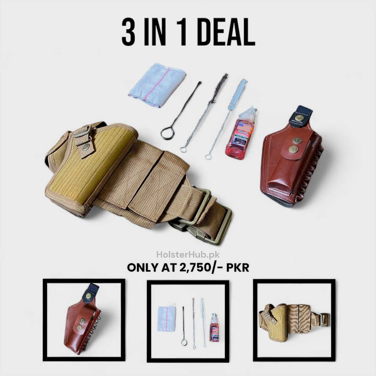 3-in-1 Deal Outdoor Carry Set - Parachute Utility Belt + Leather Pouch + Cleaning Kit