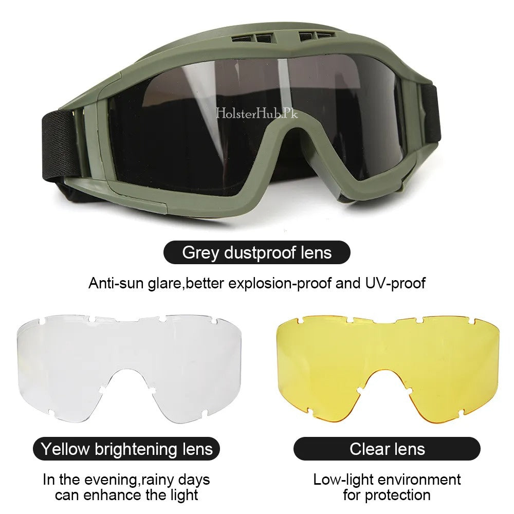 Wind Guard Tactical Goggles with 3 Interchangeable Lenses