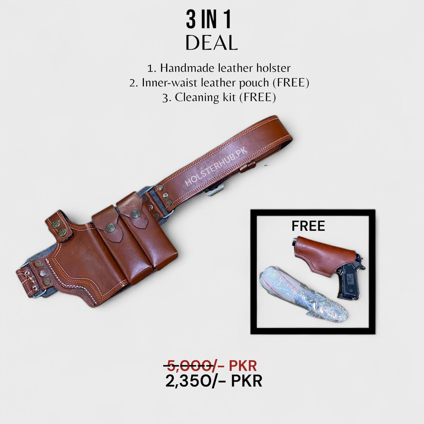 3 in 1 Deal - Handmade Lether Holster PC - 02 + Free Iner Lather Waist Pouch + Free Cleaning Kit